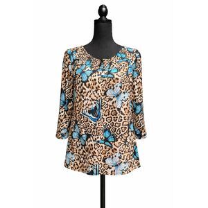 J for Justify Leopard Butterfly Top Size Large Blue 3/4 Sleeve Stretch Blouse
